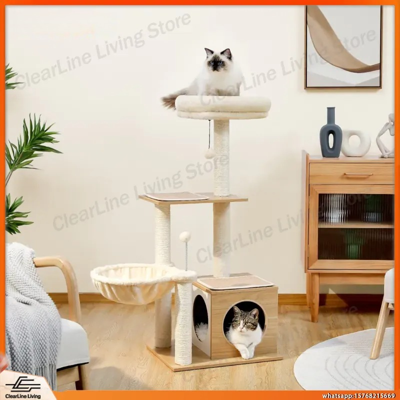 Cat Scratching Post - Moderner Katzenbaum für Wohnungskatzen Mehrstöckiger Holz-Katzenturm
