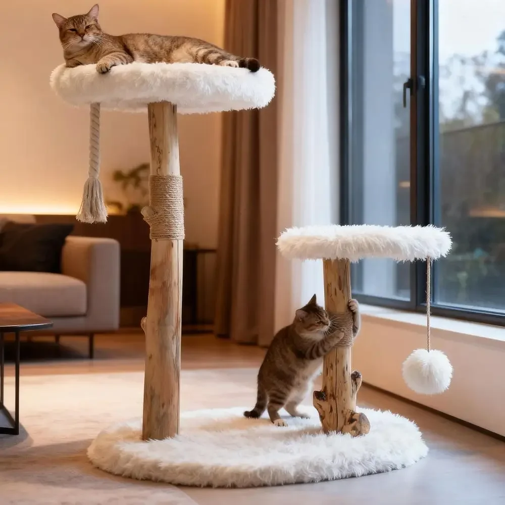 Cat Scratching Post - Indoor-Katzenbaum mit Natürlichen Holzästen, Sisal-Kratzstamm, Liegeflächen