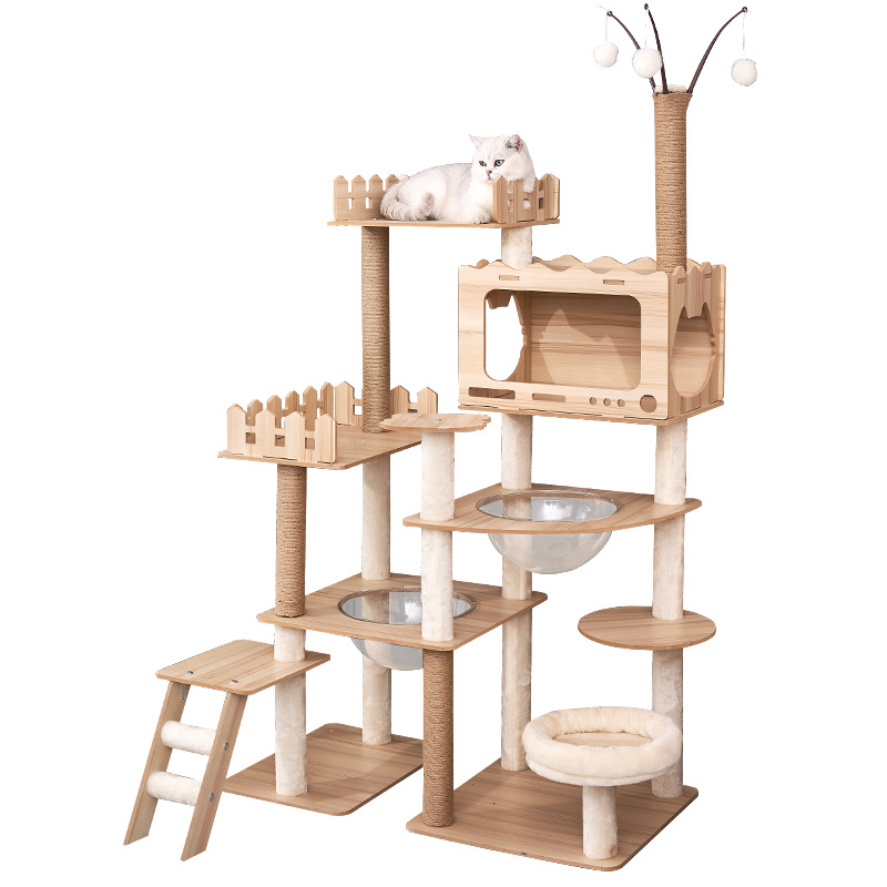 Cat Scratching Post - Großer Holz-Katzenbaum mit Raumkapsel-Bett, 4-Jahreszeiten-Kletterturm, Kratzbaum,