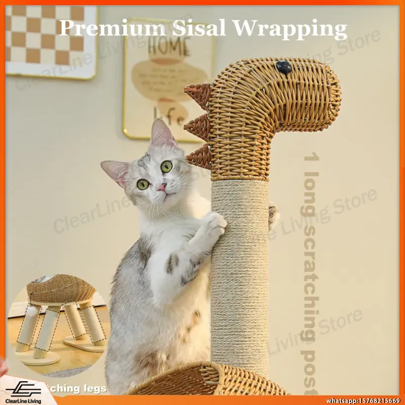 Cat Scratching Post - Dinosaurier-Katzenbaum mit Sisal-Kratzstamm, Rattan-Katzenhöhle, Indoor-Katzenbett aus